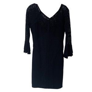 Free People Black Bodycon V-Neck Crochet Mini Dress Flare Sleeve XS Boho
